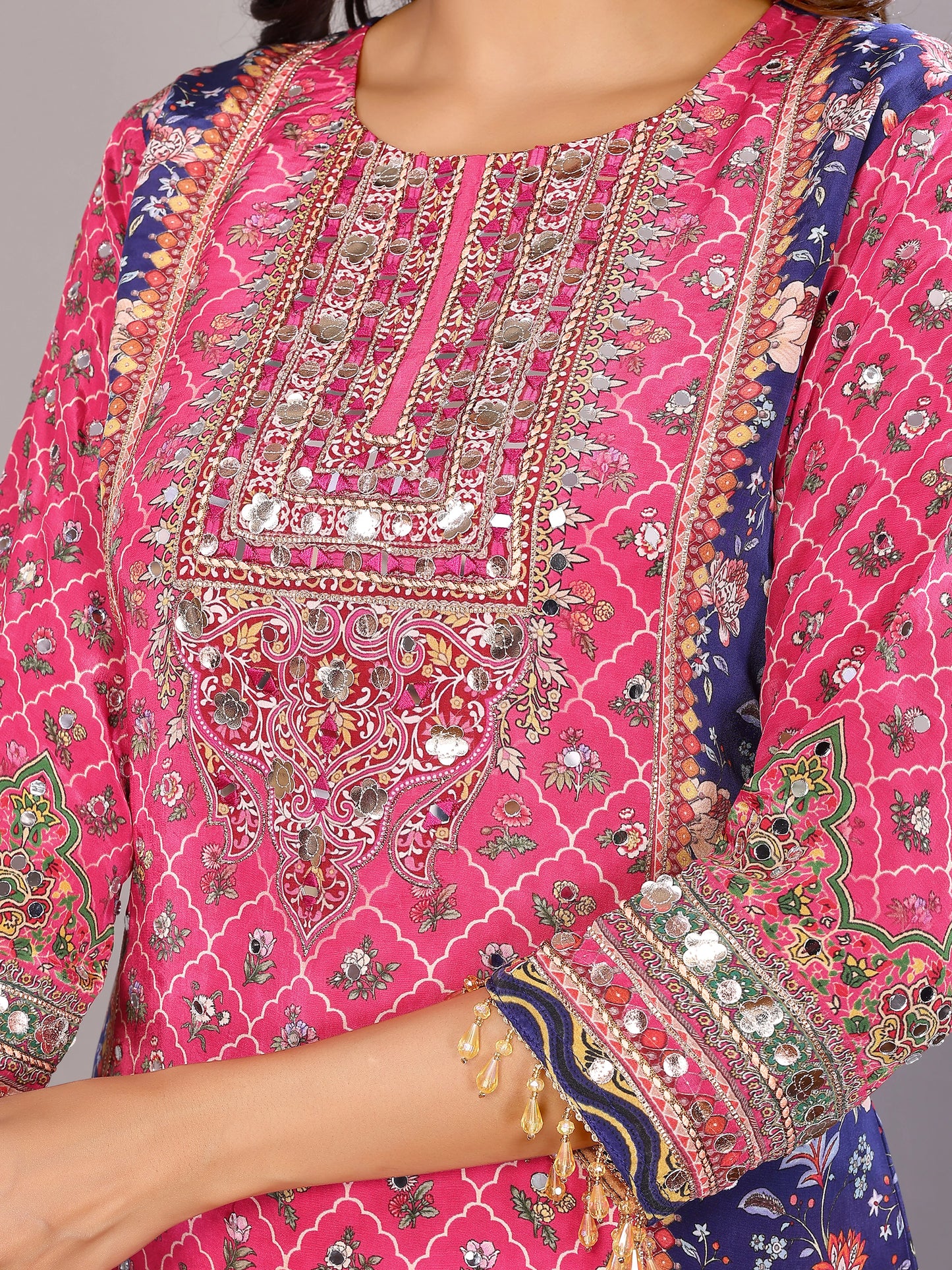 Fuschia Pink and Navy Blue Salwar Suit with Mirror & Hand-Work