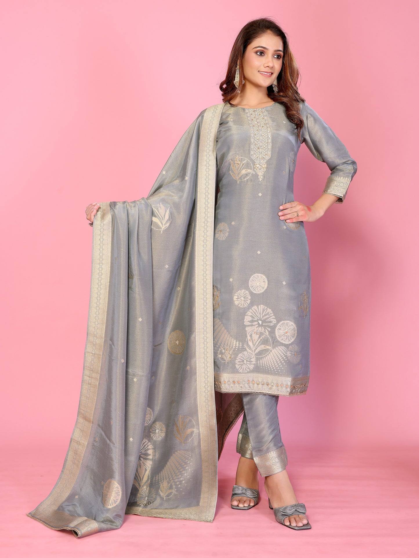 Silver Mist Muslin tissue Silk Ensemble HandWork suit set