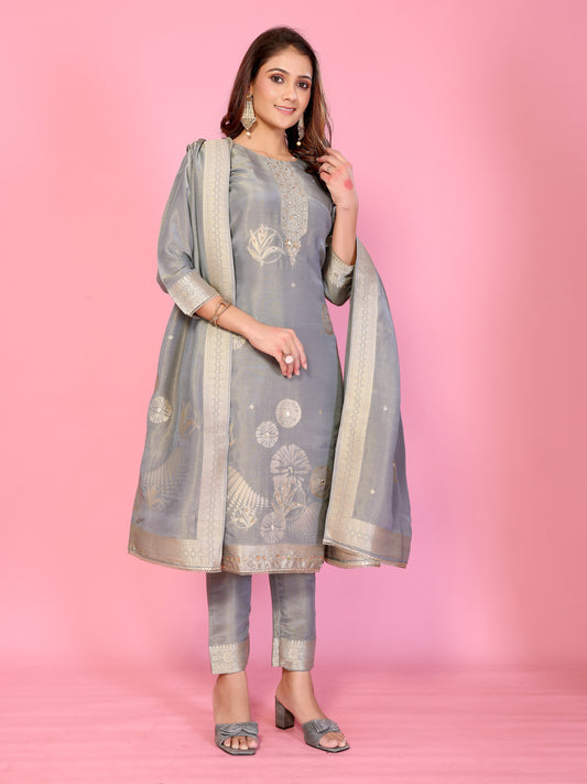 Silver Mist Muslin tissue Silk Ensemble HandWork suit set