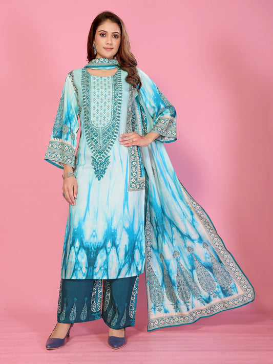 Aqua Mirage Printed Kurta Palazzo Dupatta Set with Handwork