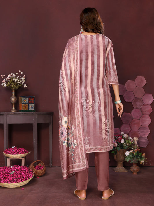 Dusty Rose Floral Striped Suit Set with Dupatta
