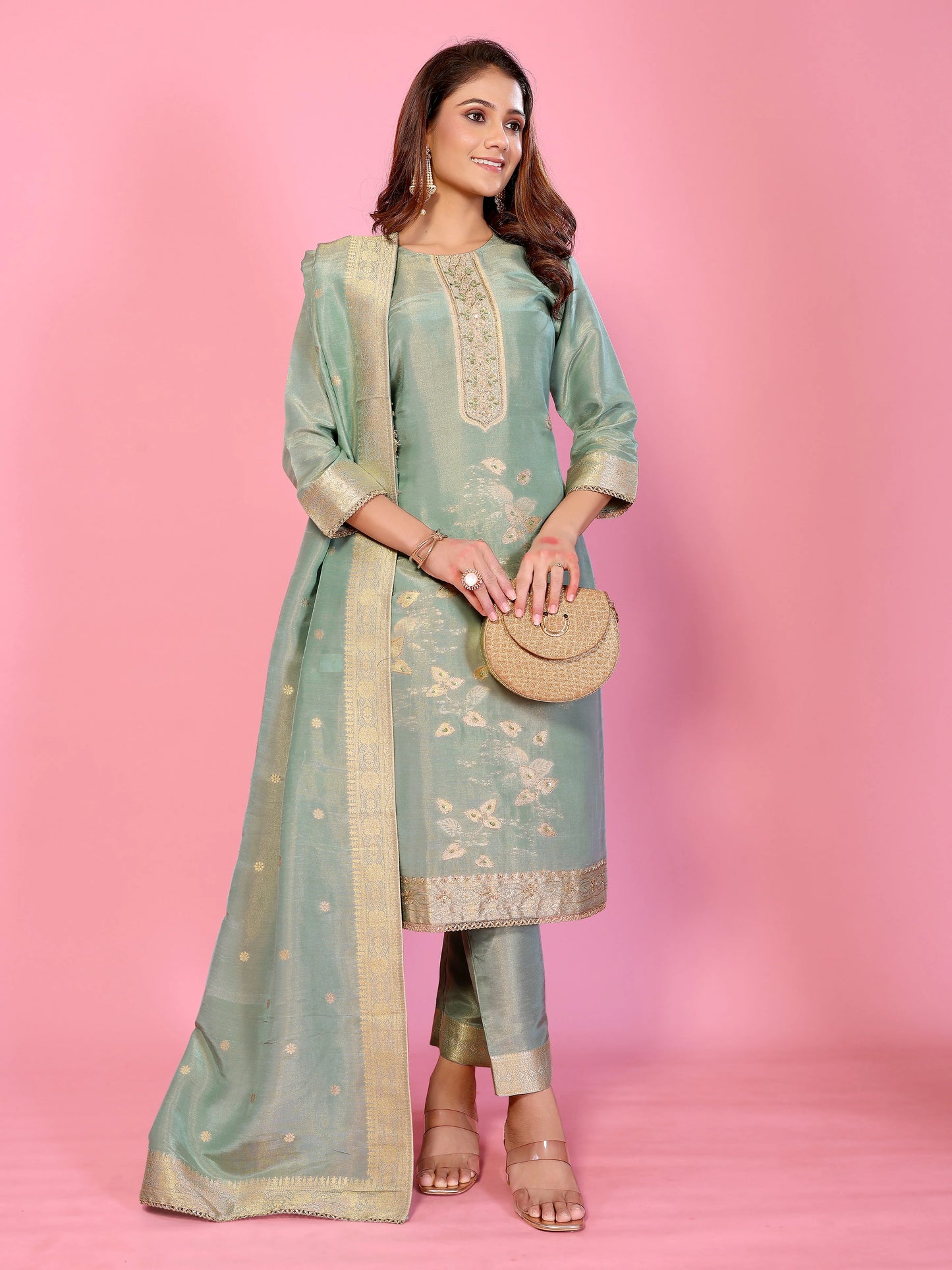 Pastel Serenity Muslin tissue Silk Ensemble HandWork suit set