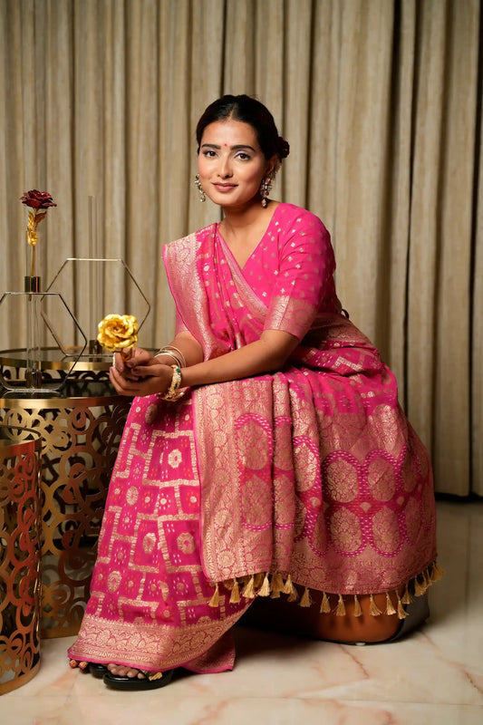 Gulal Pink Woven Banarasi Pure Georgette Bandhani Saree