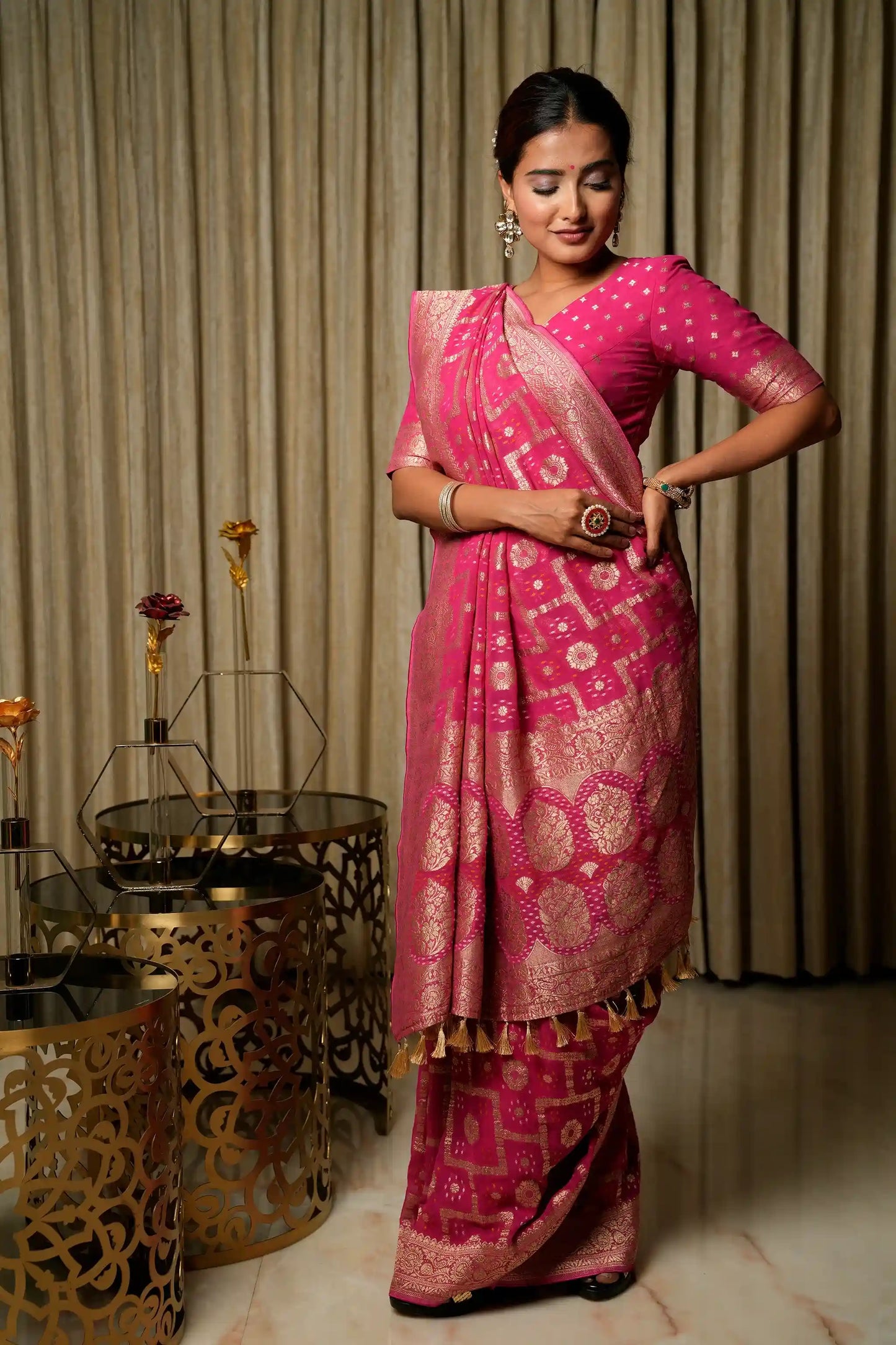 Gulal Pink Woven Banarasi Pure Georgette Bandhani Saree