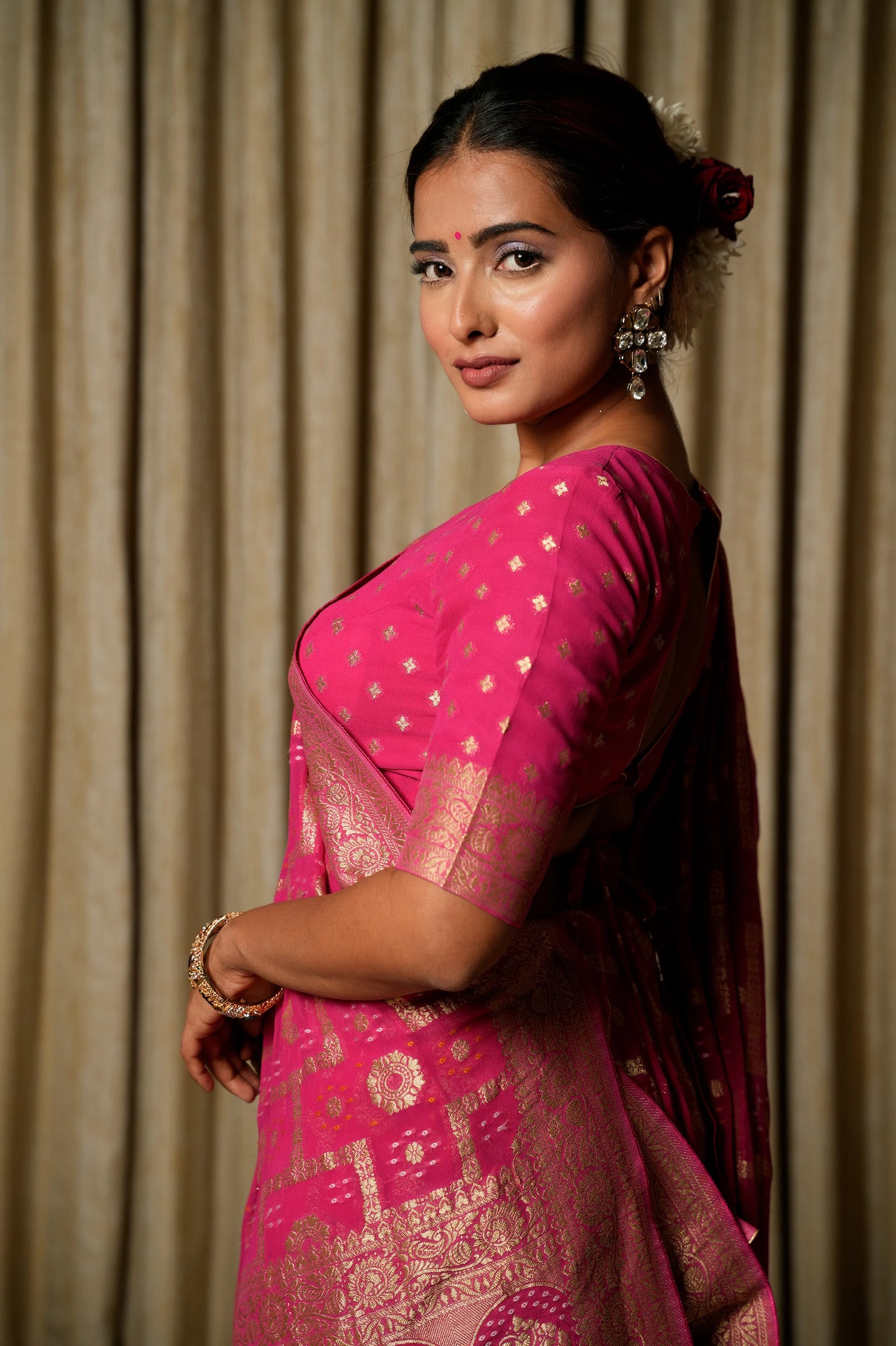 Gulal Pink Woven Banarasi Pure Georgette Bandhani Saree