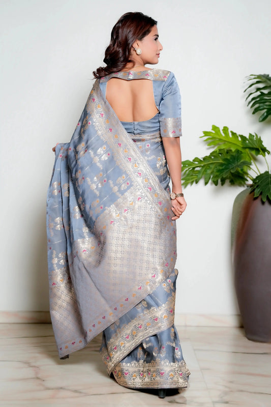 Metallic Grey Woven Banarasi Organza Satin Silk Saree with Tissue Zari