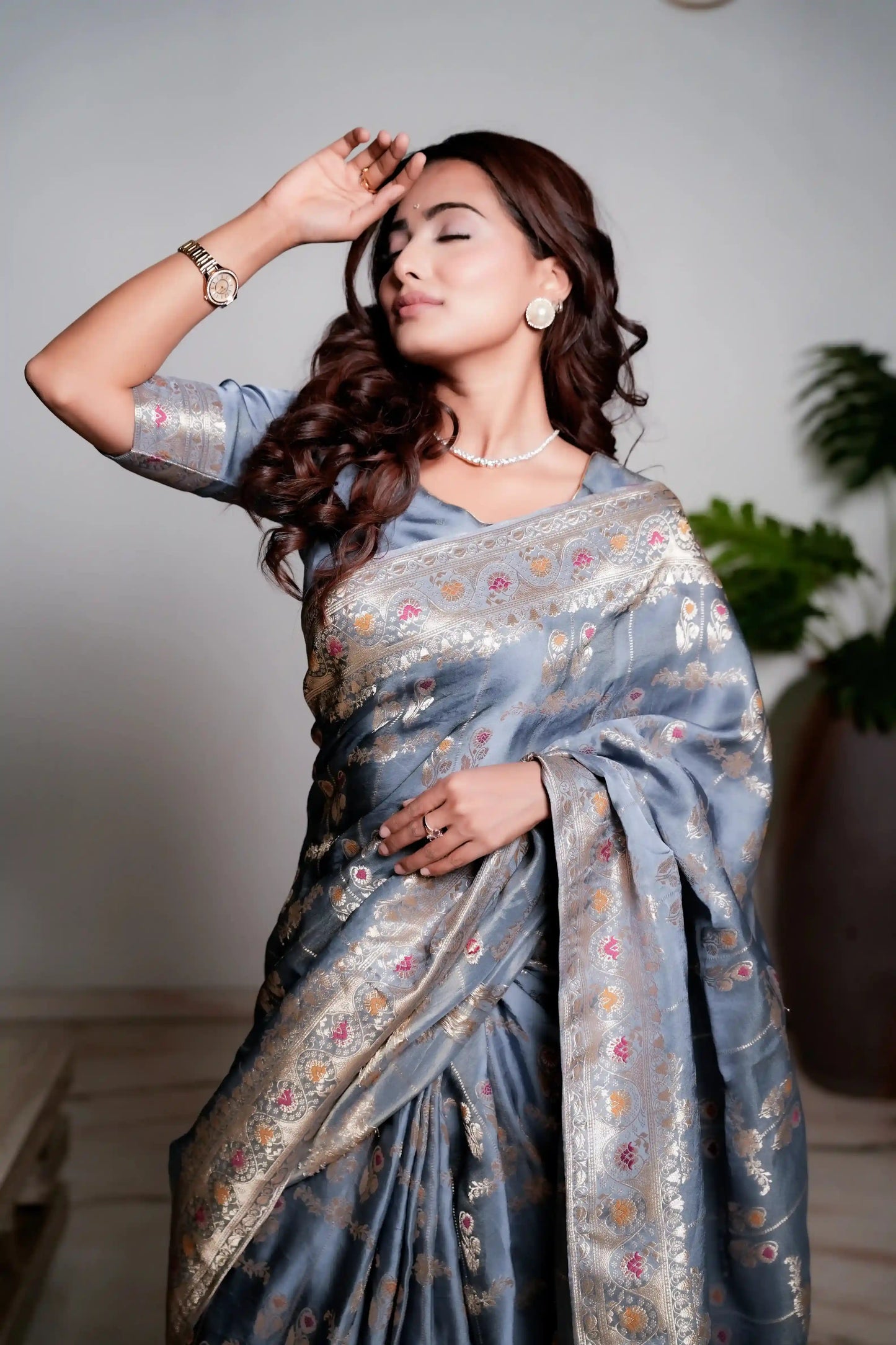 Metallic Grey Woven Banarasi Organza Satin Silk Saree with Tissue Zari