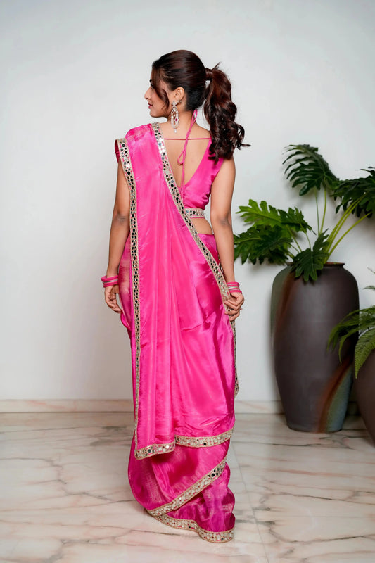 Royal Princess Golden Pink Woven Pure Tissue Silk Saree with Heavy Golden Mirror Work Border Bhageerath Couture
