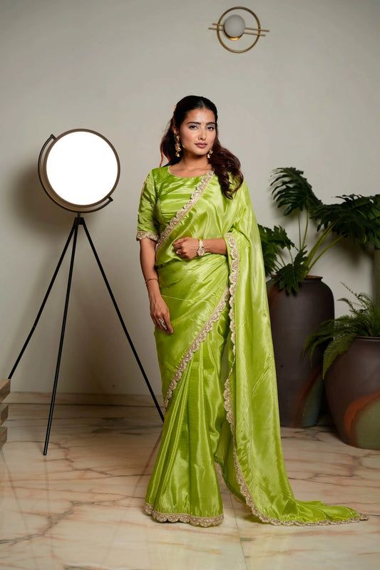 Light Green Woven Pure Tissue Silk Saree with Heavy Golden Embroidery Border