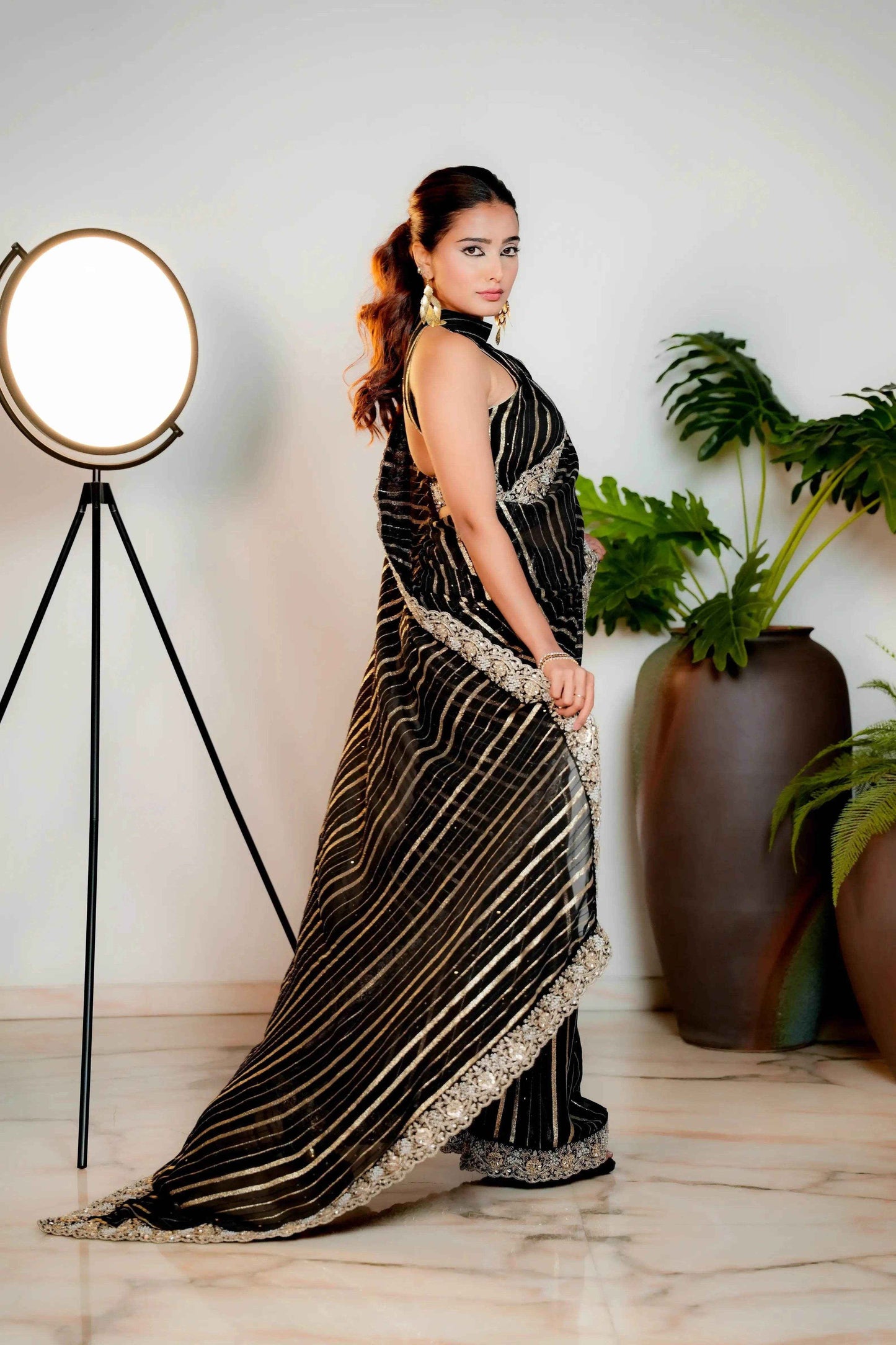 Coal Black Woven Georgette Silk Saree with Heavy Golden Embroidered Border - Bhageerath Couture
