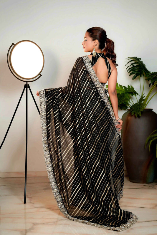Coal Black Woven Georgette Silk Saree with Heavy Golden Embroidered Border - Bhageerath Couture