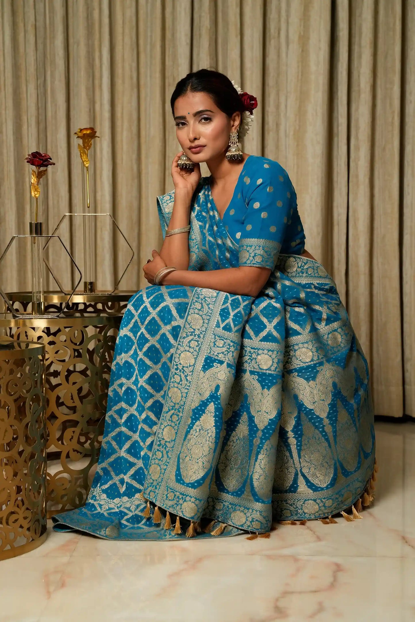 River Blue Woven Banarasi Pure Georgette Bandhej Saree (Bandhani)
