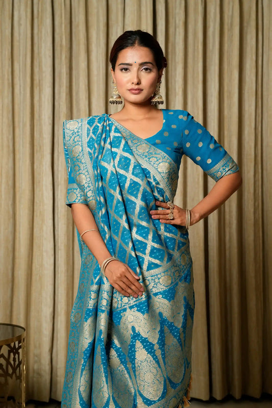 River Blue Woven Banarasi Pure Georgette Bandhej Saree (Bandhani)