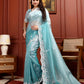 Aqua Mist Crushed Tissue Saree with Hand-Work Floral Border