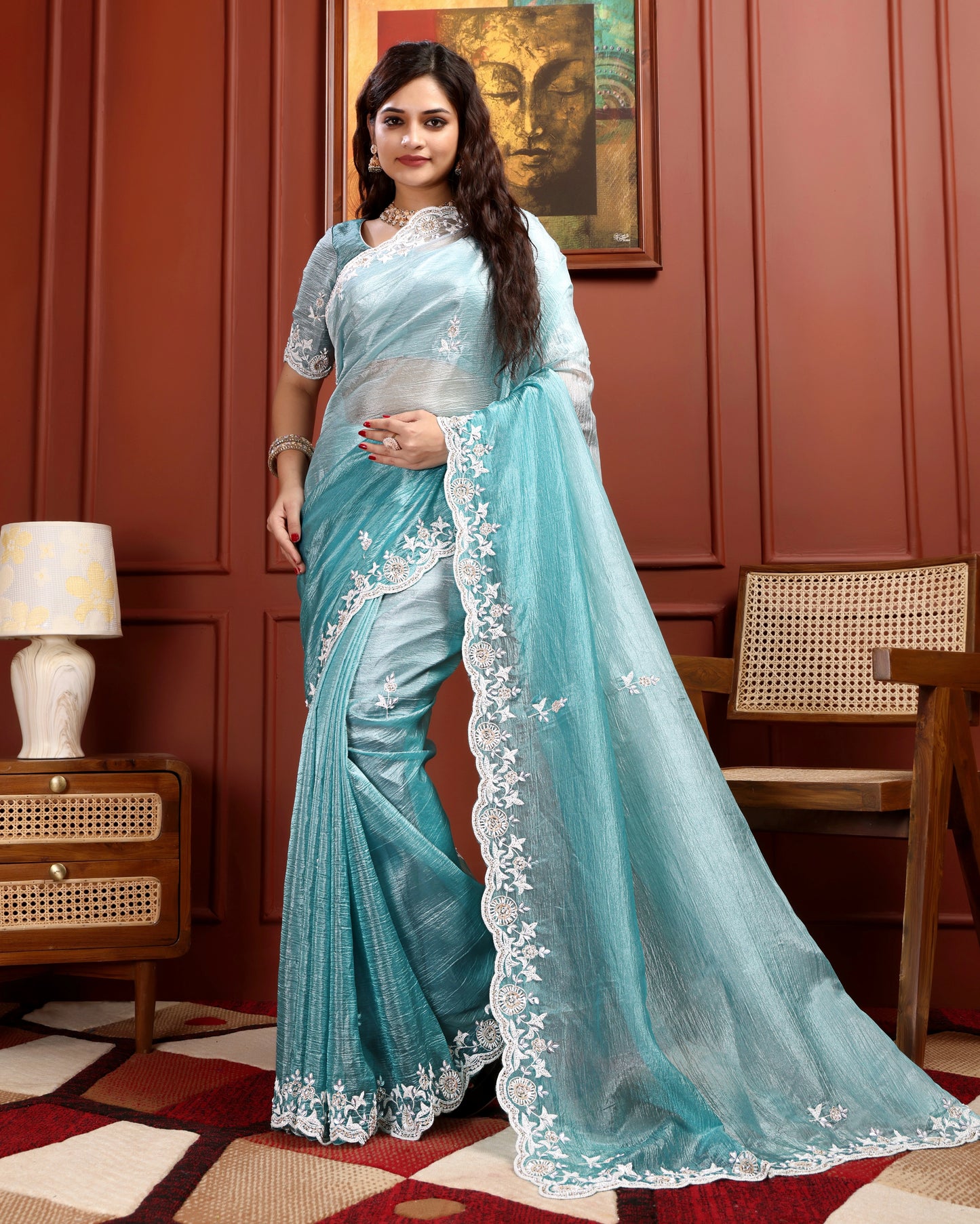 Aqua Mist Crushed Tissue Saree with Hand-Work Floral Border