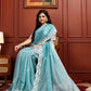 Aqua Mist Crushed Tissue Saree with Hand-Work Floral Border