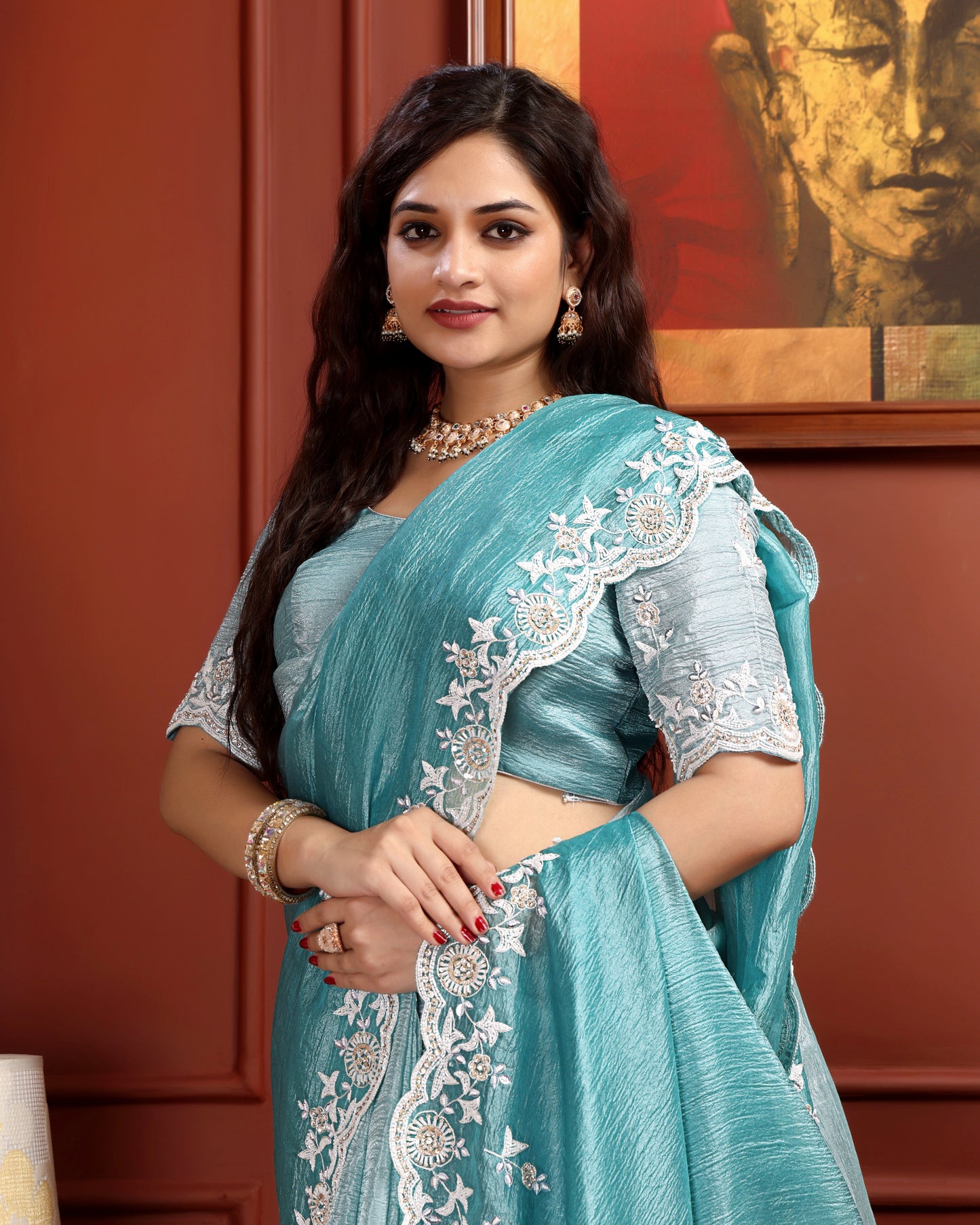 Aqua Mist Crushed Tissue Saree with Hand-Work Floral Border