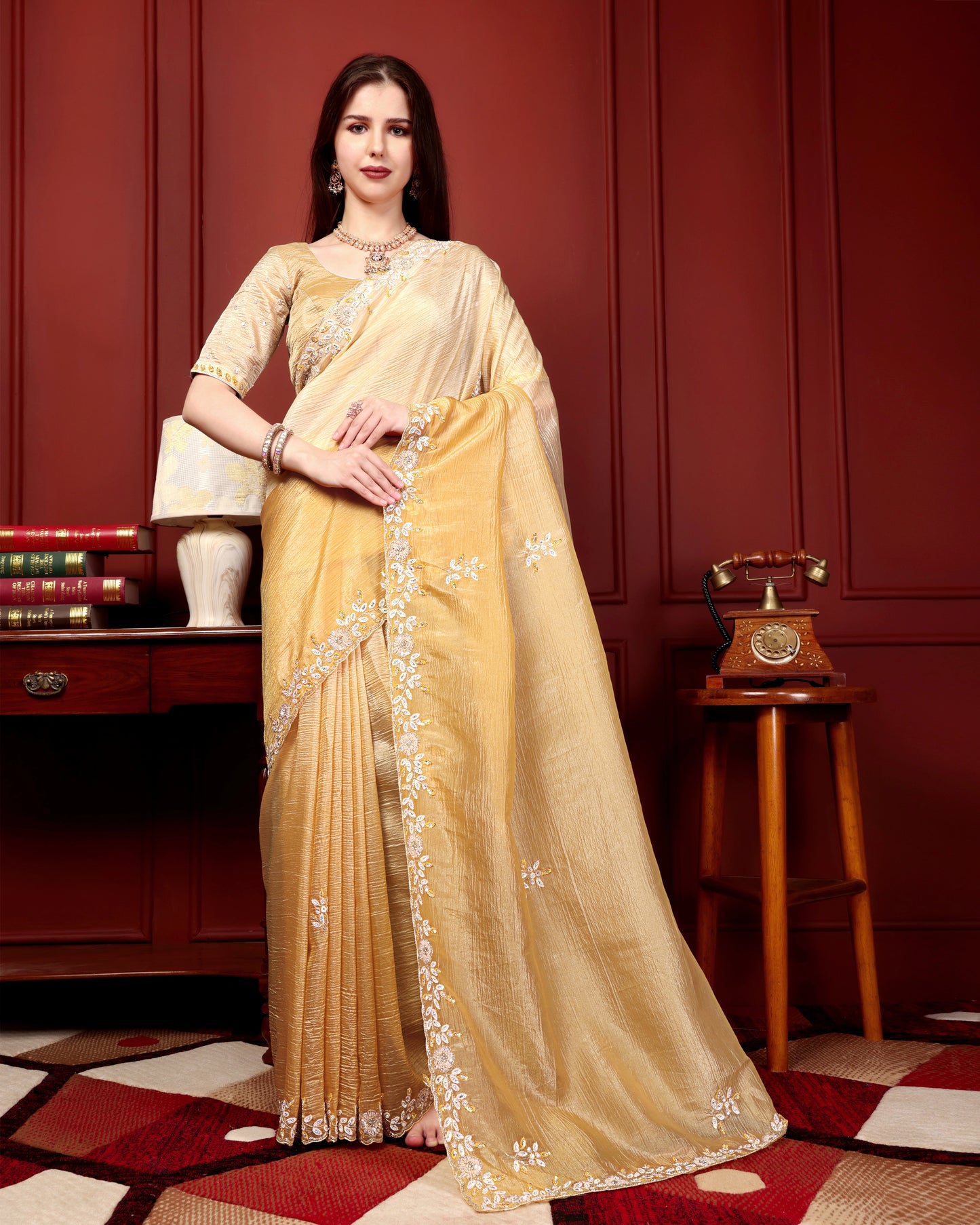 Golden Glow Crushed Tissue Saree with Sequin & Scallop Border