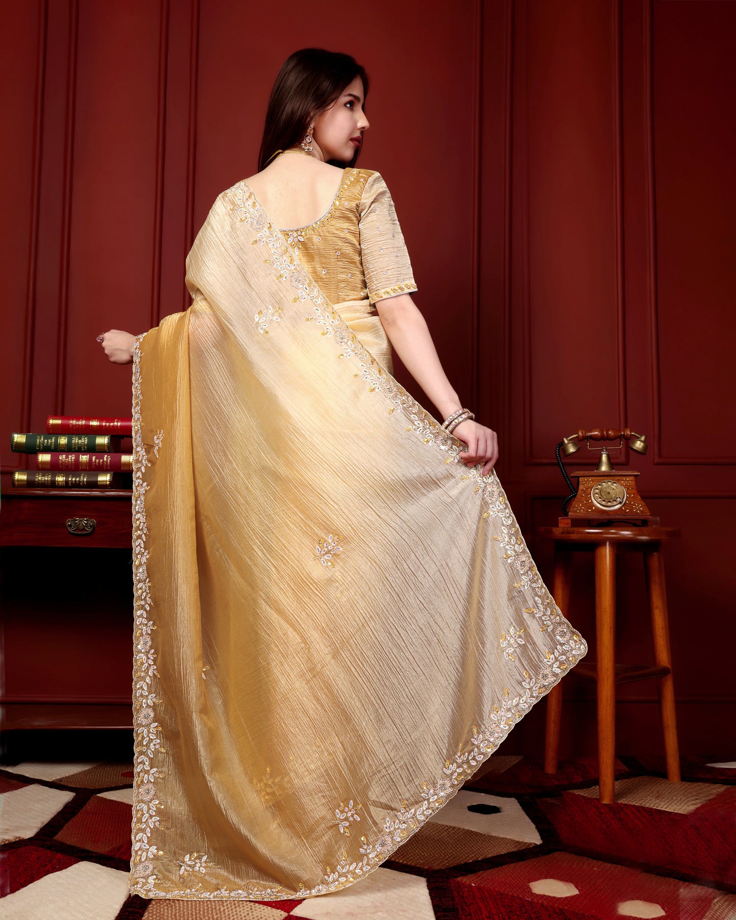 Golden Glow Crushed Tissue Saree with Sequin & Scallop Border