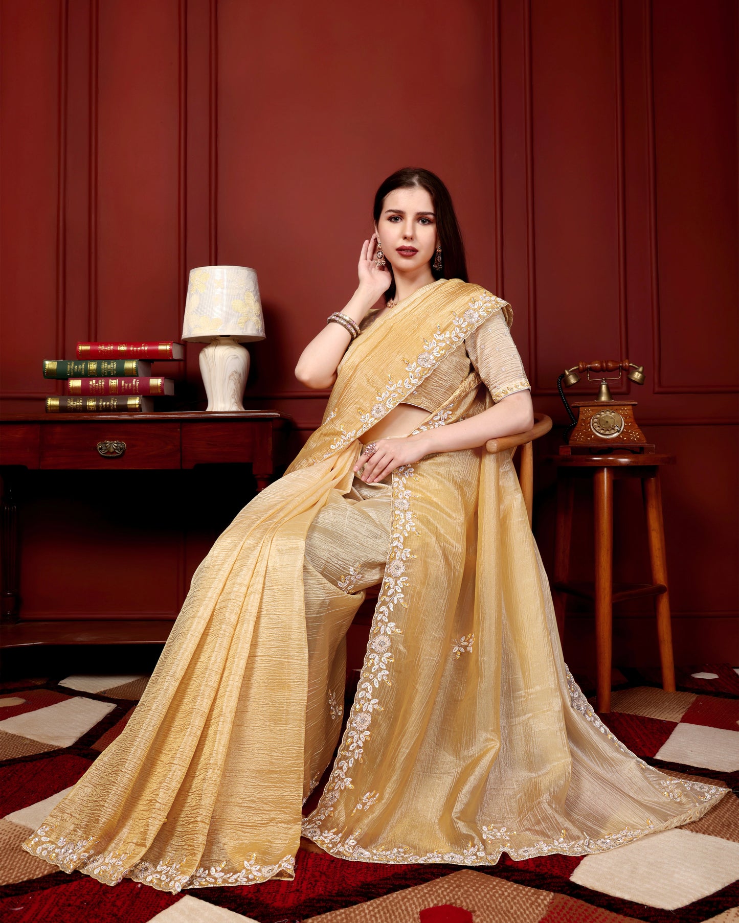 Golden Glow Crushed Tissue Saree with Sequin & Scallop Border