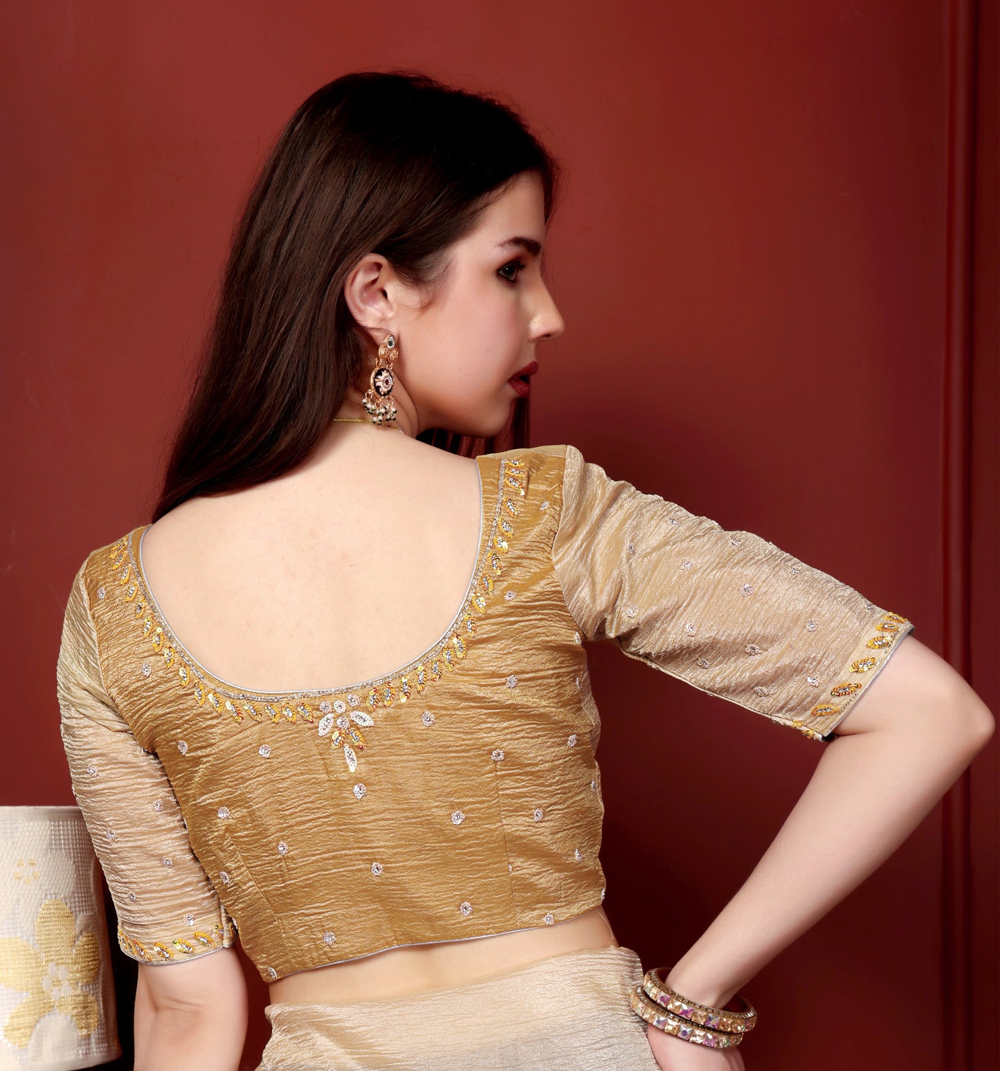 Golden Glow Crushed Tissue Saree with Sequin & Scallop Border