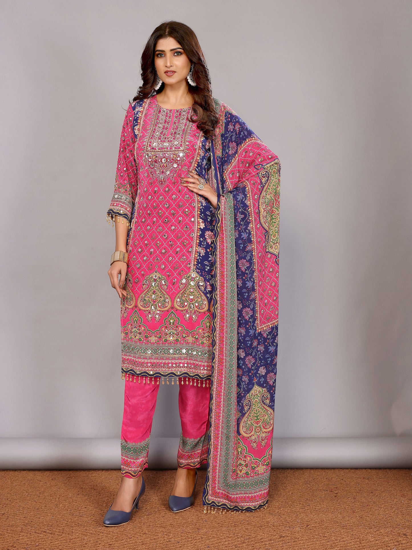 Fuschia Pink and Navy Blue Salwar Suit with Mirror & Hand-Work
