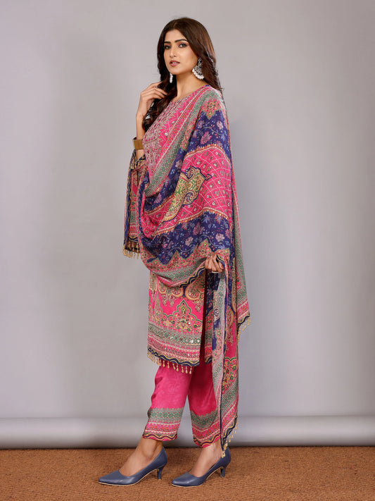 Fuschia Pink and Navy Blue Salwar Suit with Mirror & Hand-Work