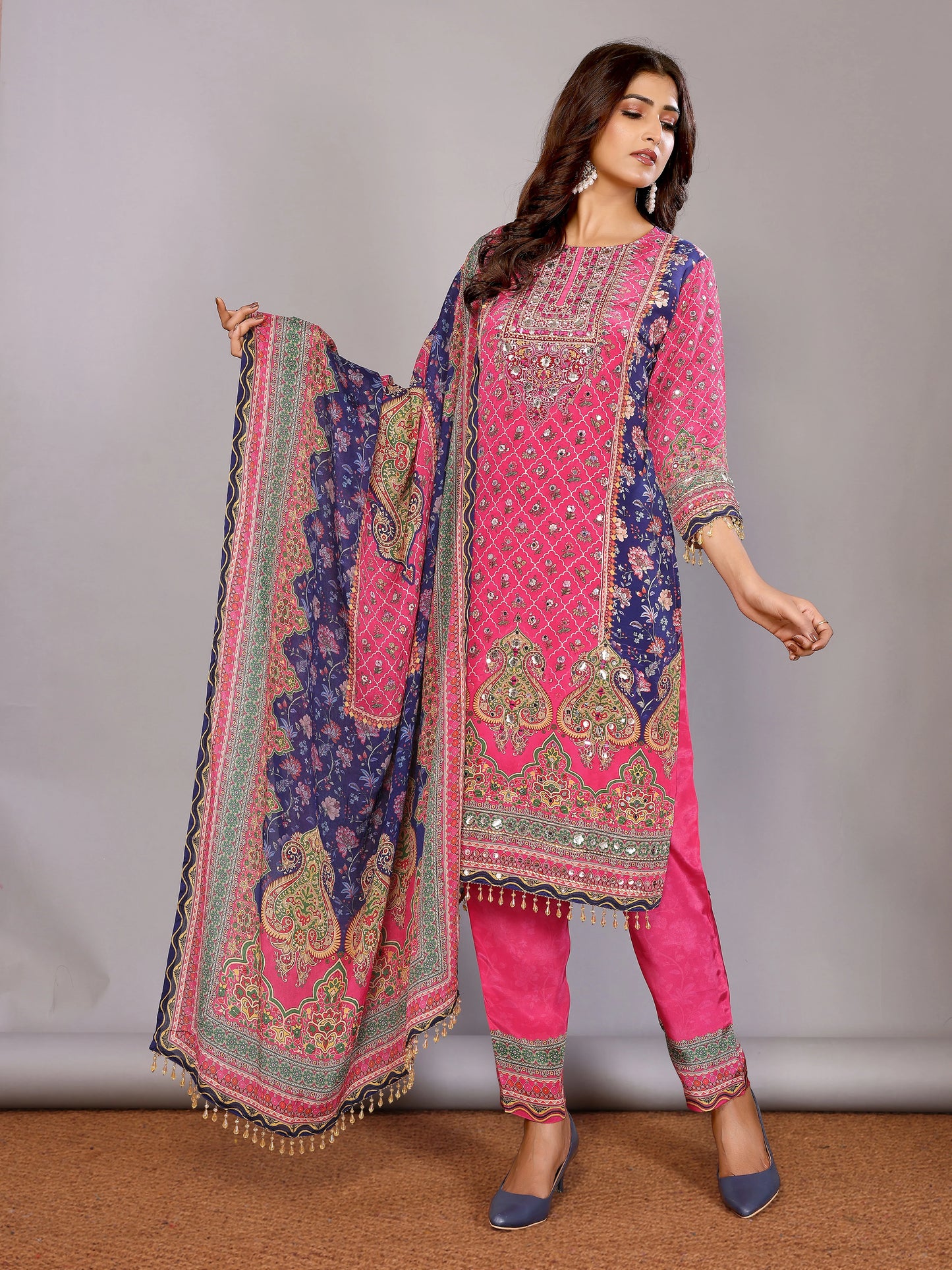 Fuschia Pink and Navy Blue Salwar Suit with Mirror & Hand-Work