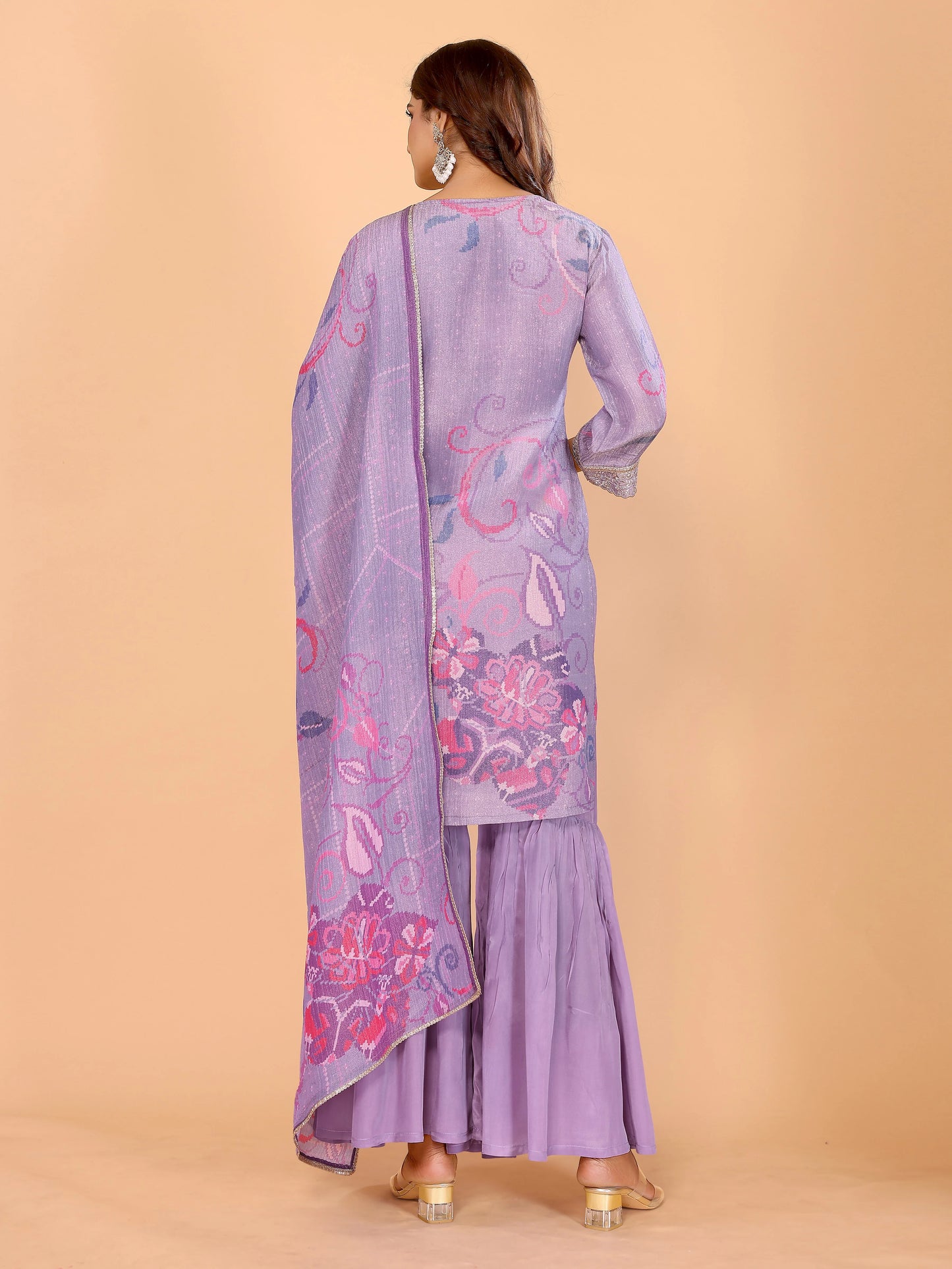 Lavender Floral Crushed Sharara Suit With Embroidery