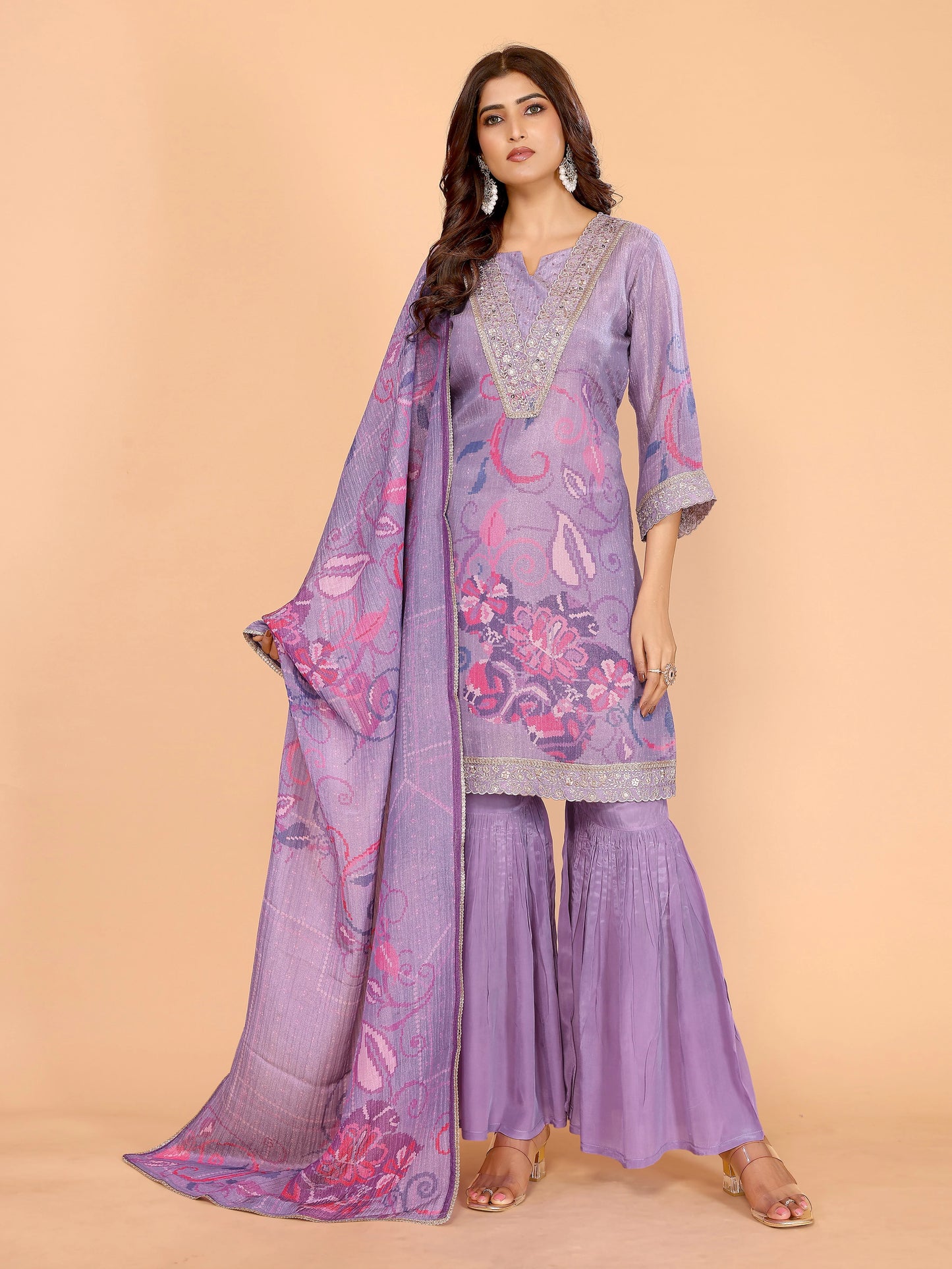 Lavender Floral Crushed Sharara Suit With Embroidery