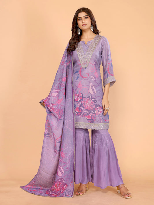 Lavender Floral Crushed Sharara Suit With Embroidery
