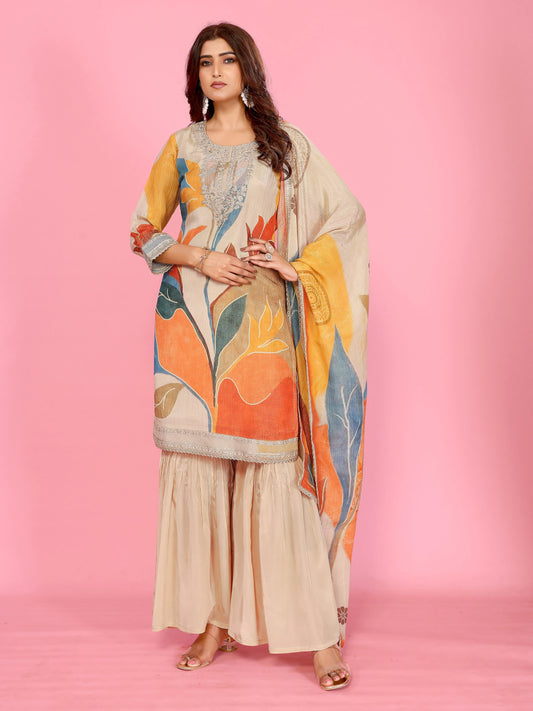 Sunset Bloom Crushed Sharara Set Embroidery