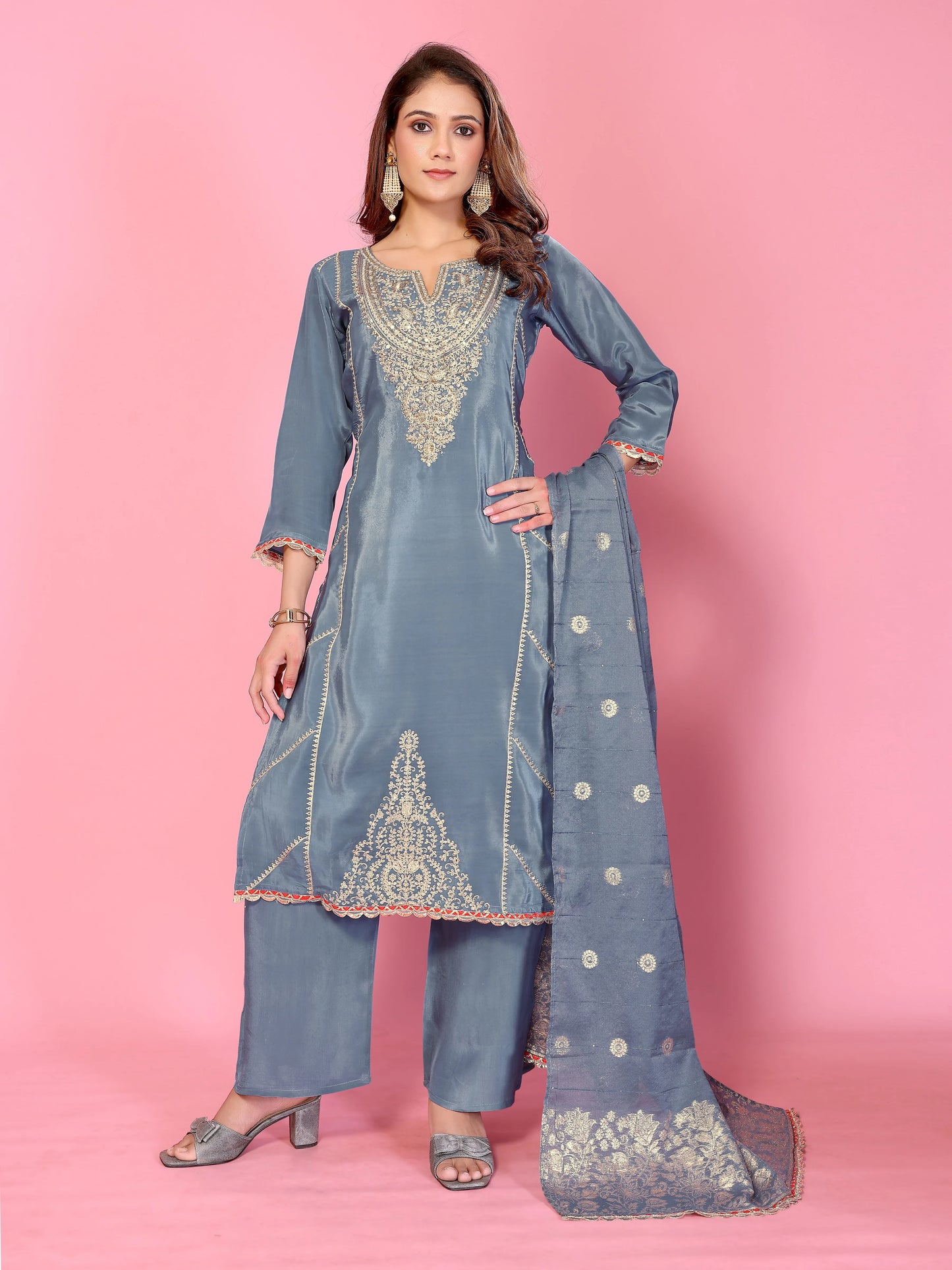Elegant Steel Blue Embroidered Kurta Set with Dupatta