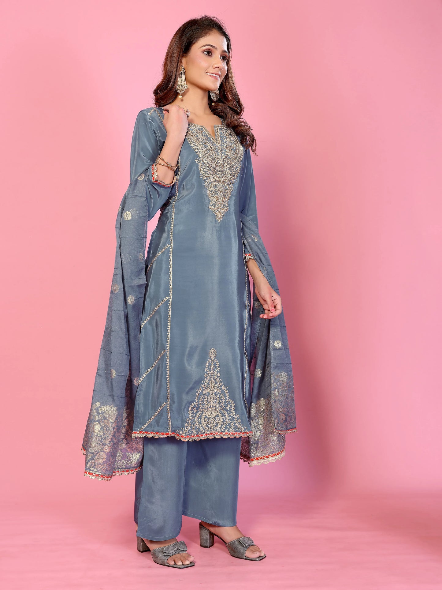 Elegant Steel Blue Embroidered Kurta Set with Dupatta
