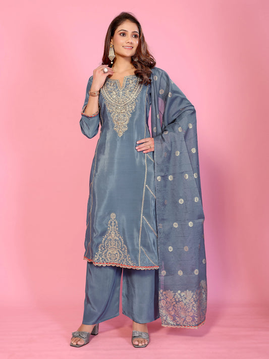 Elegant Steel Blue Embroidered Kurta Set with Dupatta