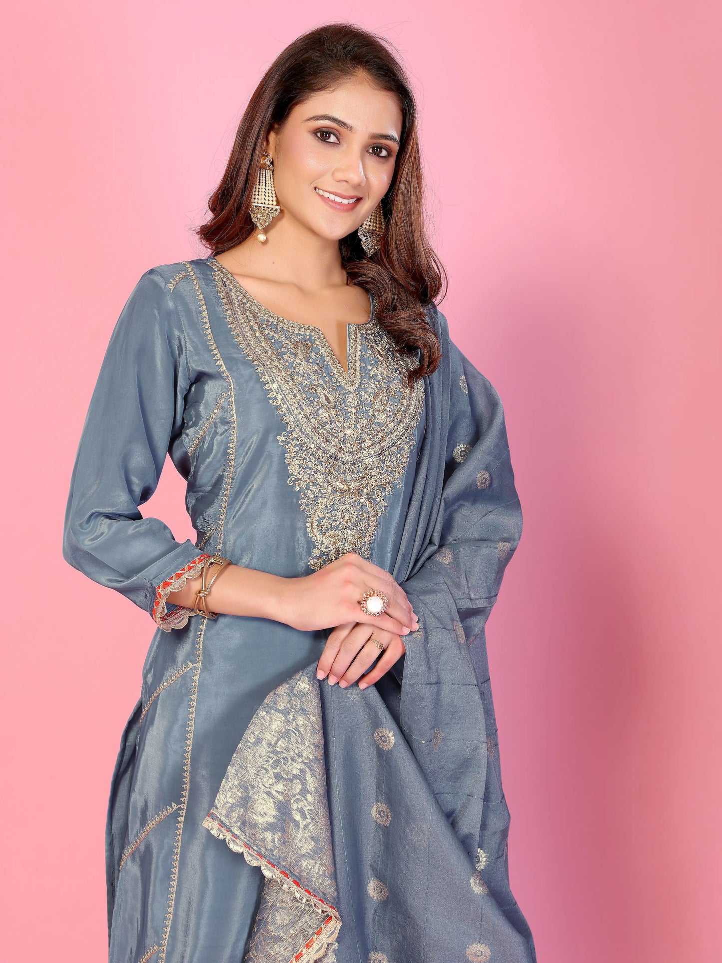 Elegant Steel Blue Embroidered Kurta Set with Dupatta