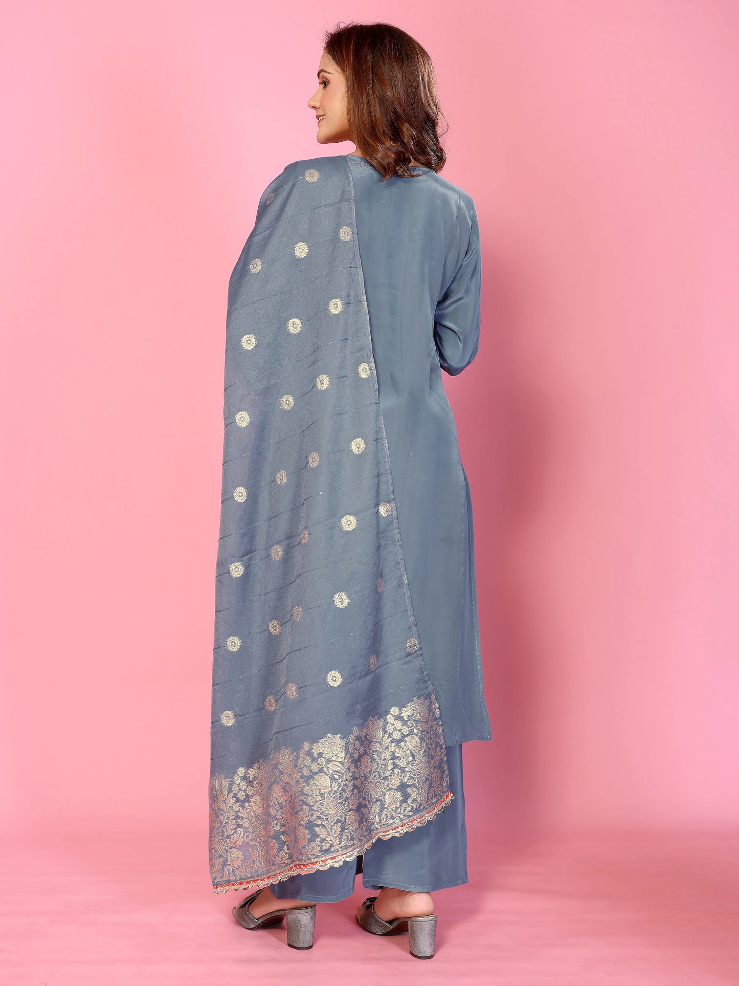 Elegant Steel Blue Embroidered Kurta Set with Dupatta