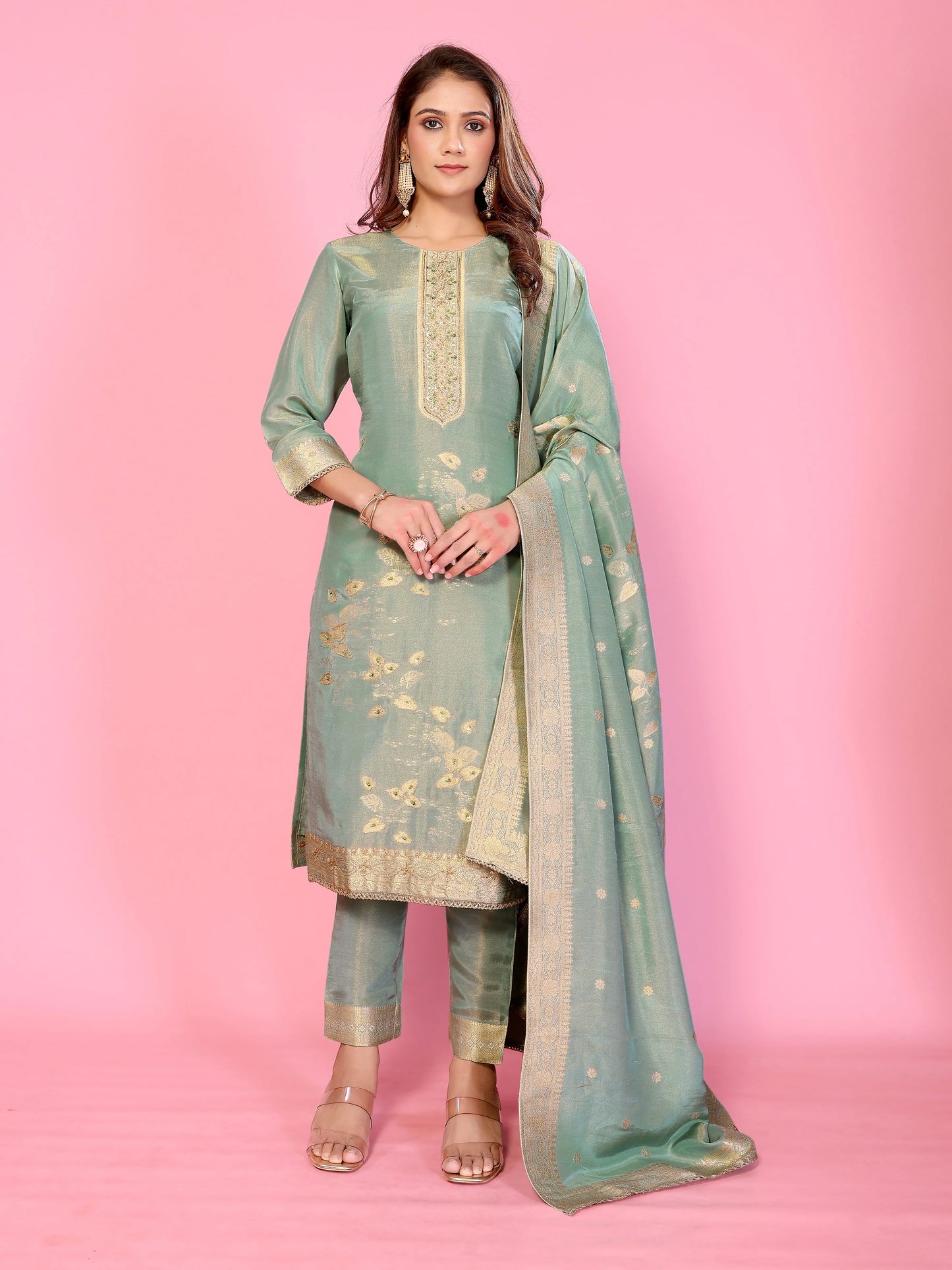 Pastel Serenity Muslin tissue Silk Ensemble HandWork suit set