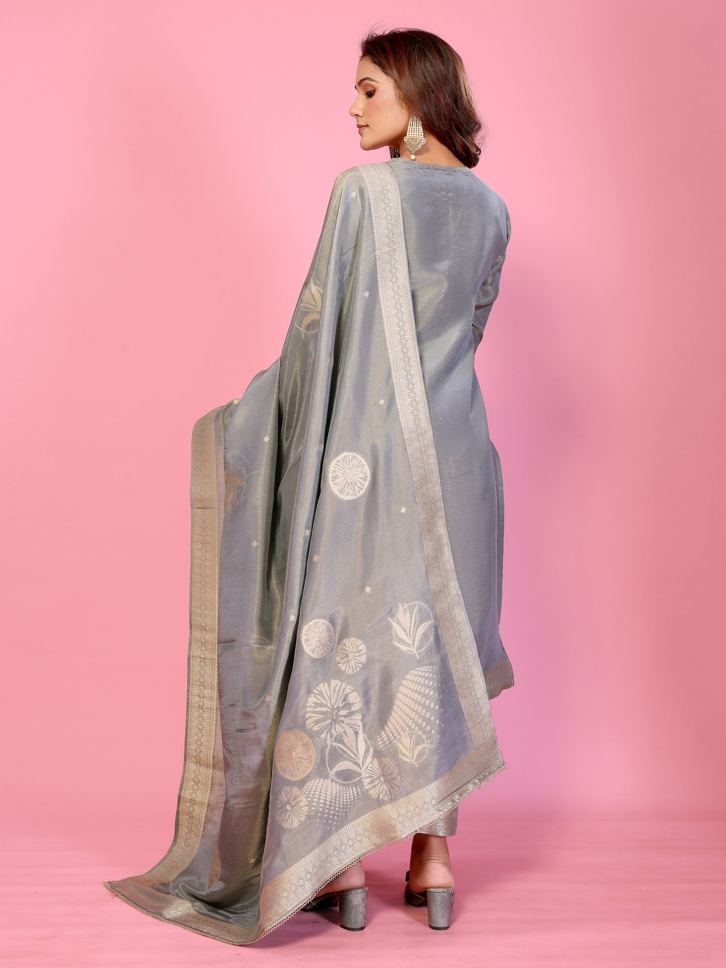 Silver Mist  Muslin tissue Silk Ensemble HandWork suit set