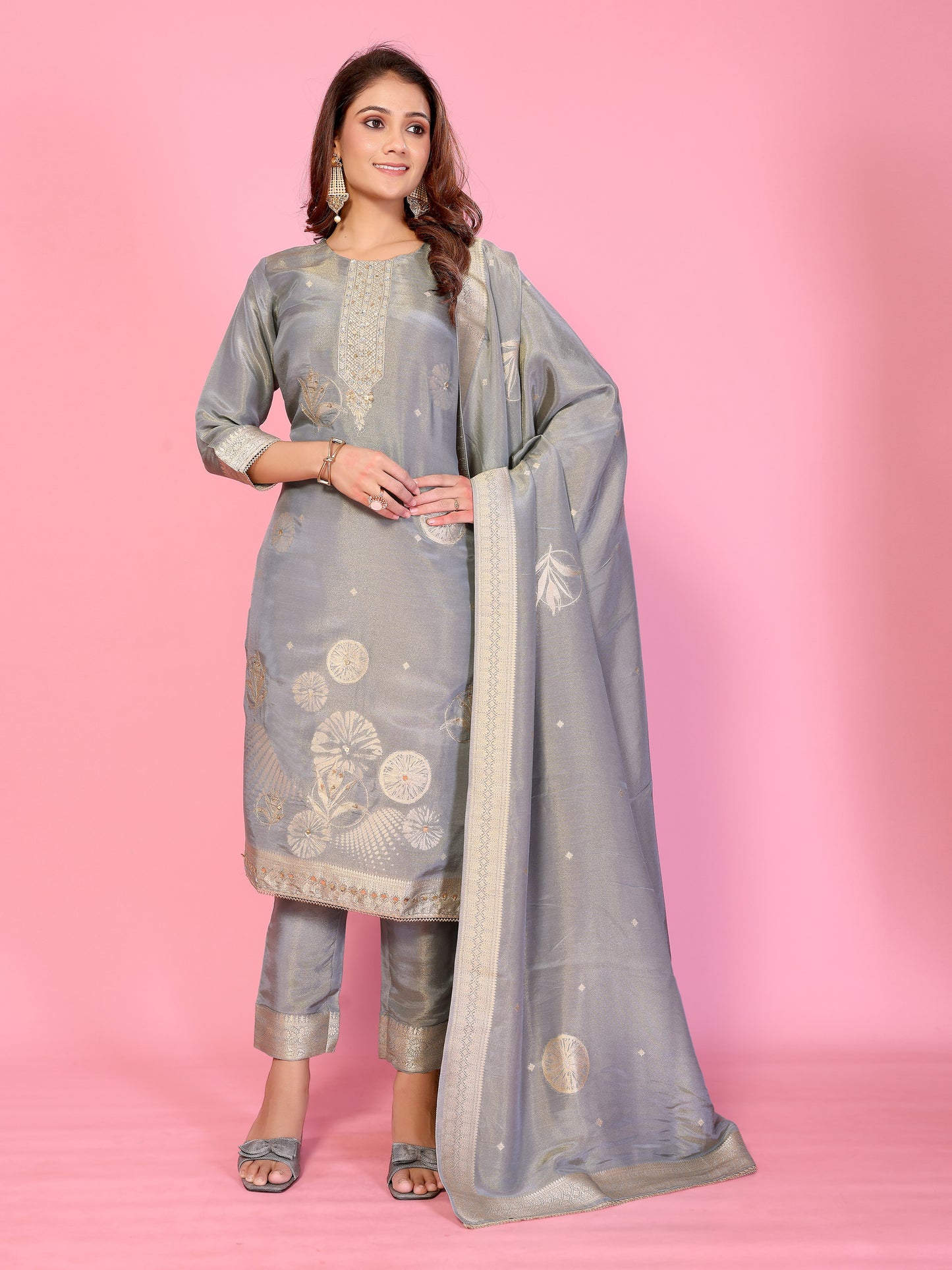 Silver Mist  Muslin tissue Silk Ensemble HandWork suit set