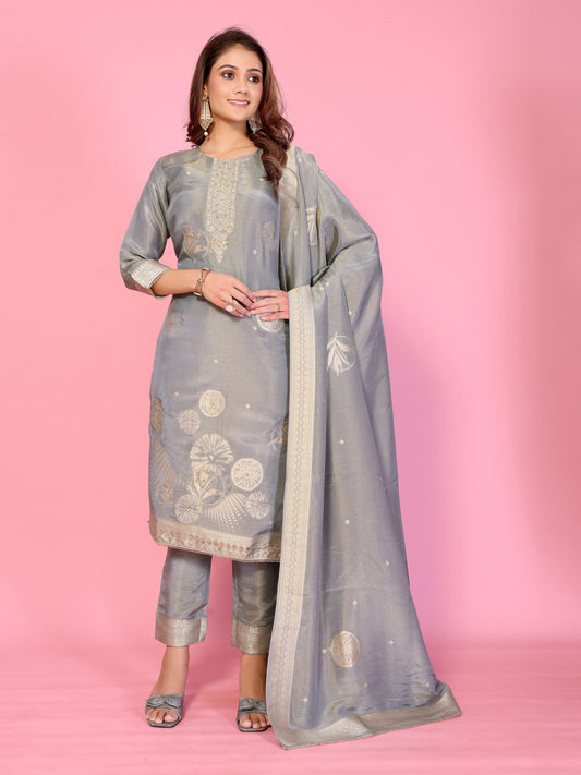 Silver Mist  Muslin tissue Silk Ensemble HandWork suit set
