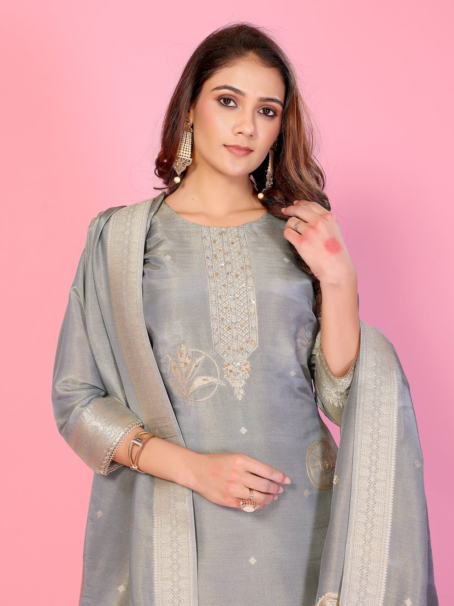 Silver Mist  Muslin tissue Silk Ensemble HandWork suit set