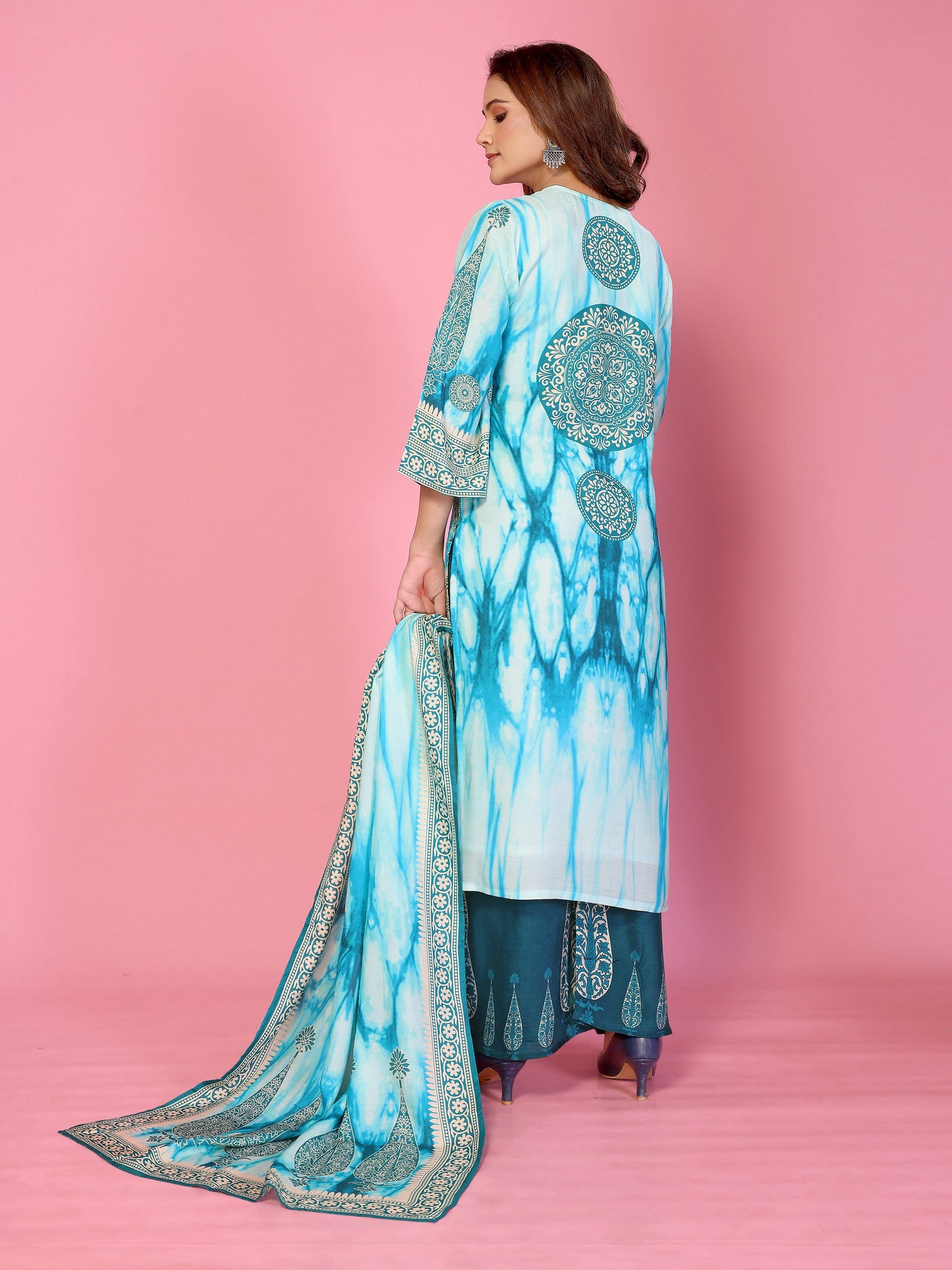 Aqua Mirage Printed Kurta Palazzo Dupatta Set with Handwork