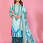 Aqua Mirage Printed Kurta Palazzo Dupatta Set with Handwork