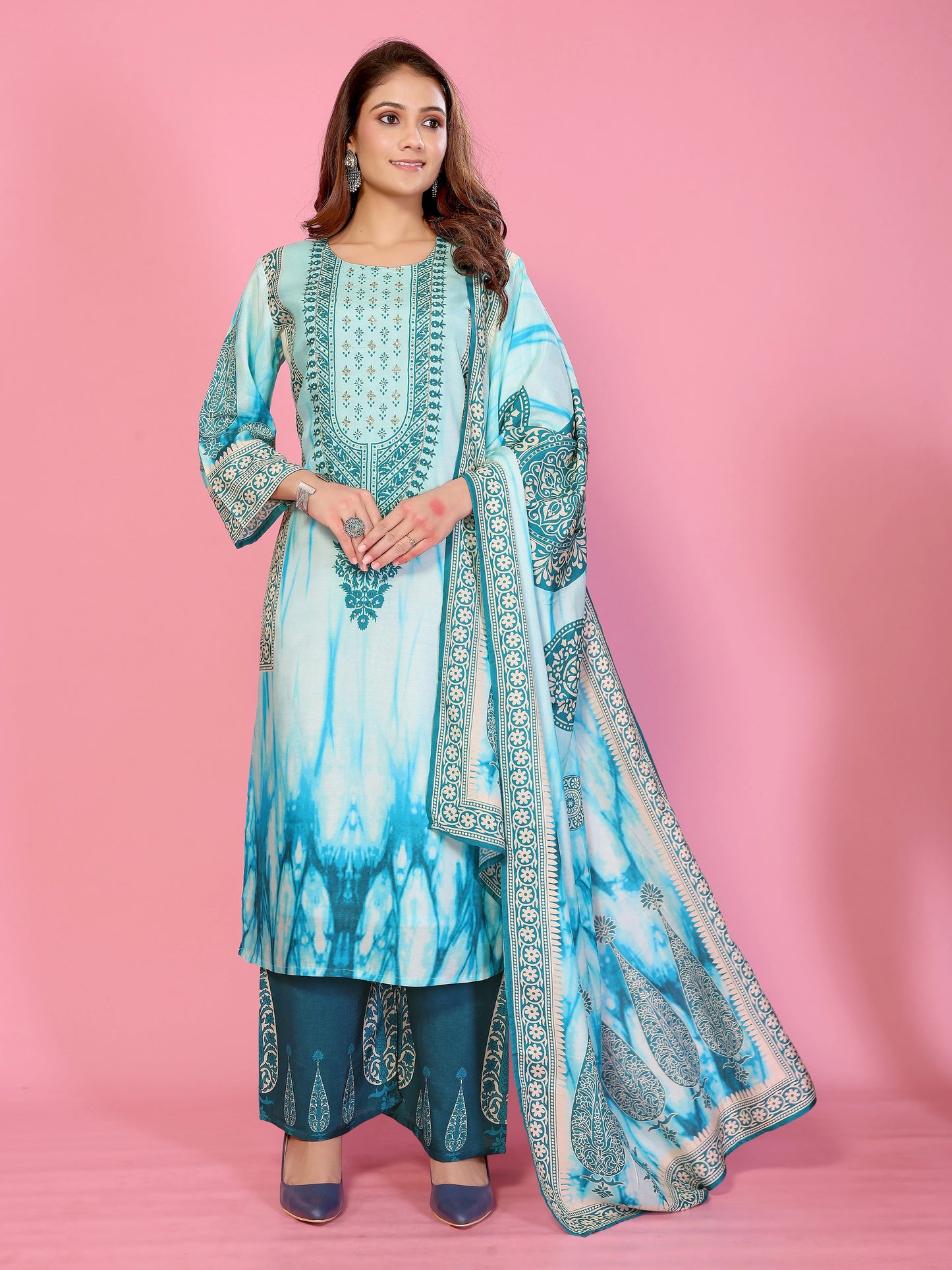 Aqua Mirage Printed Kurta Palazzo Dupatta Set with Handwork