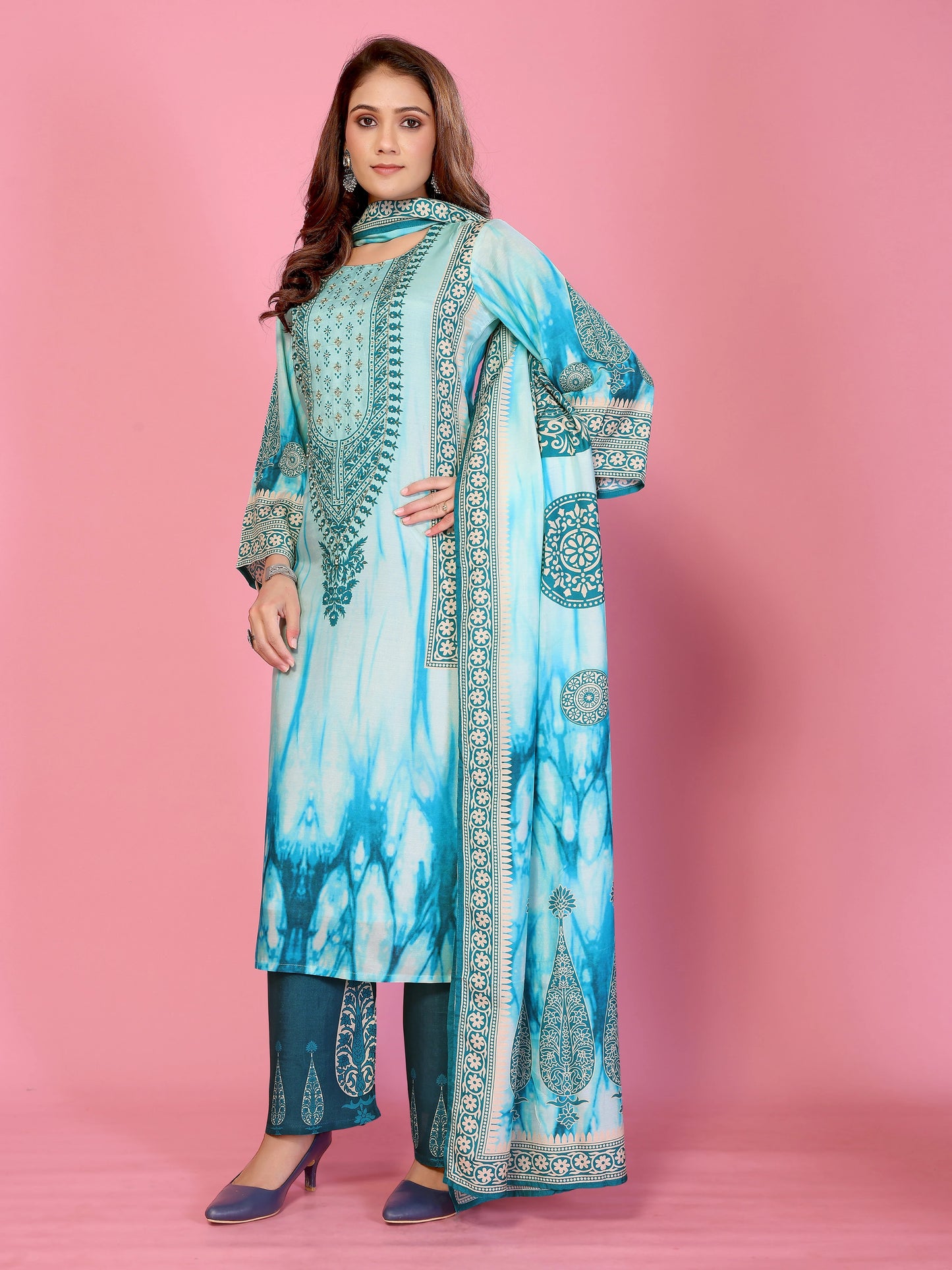 Aqua Mirage Printed Kurta Palazzo Dupatta Set with Handwork