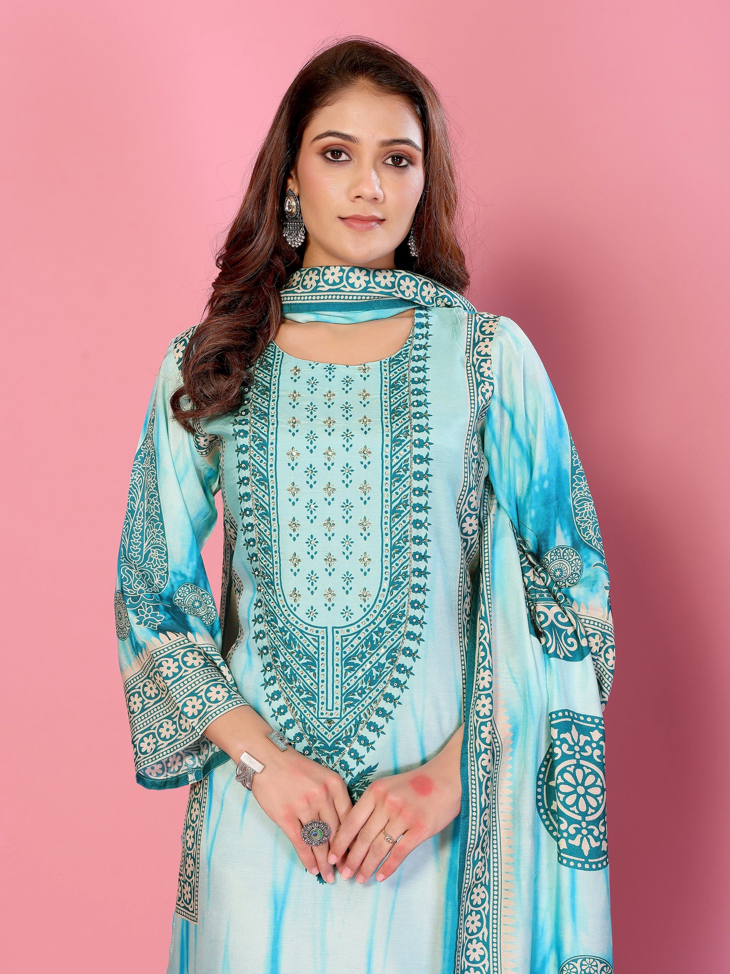 Aqua Mirage Printed Kurta Palazzo Dupatta Set with Handwork