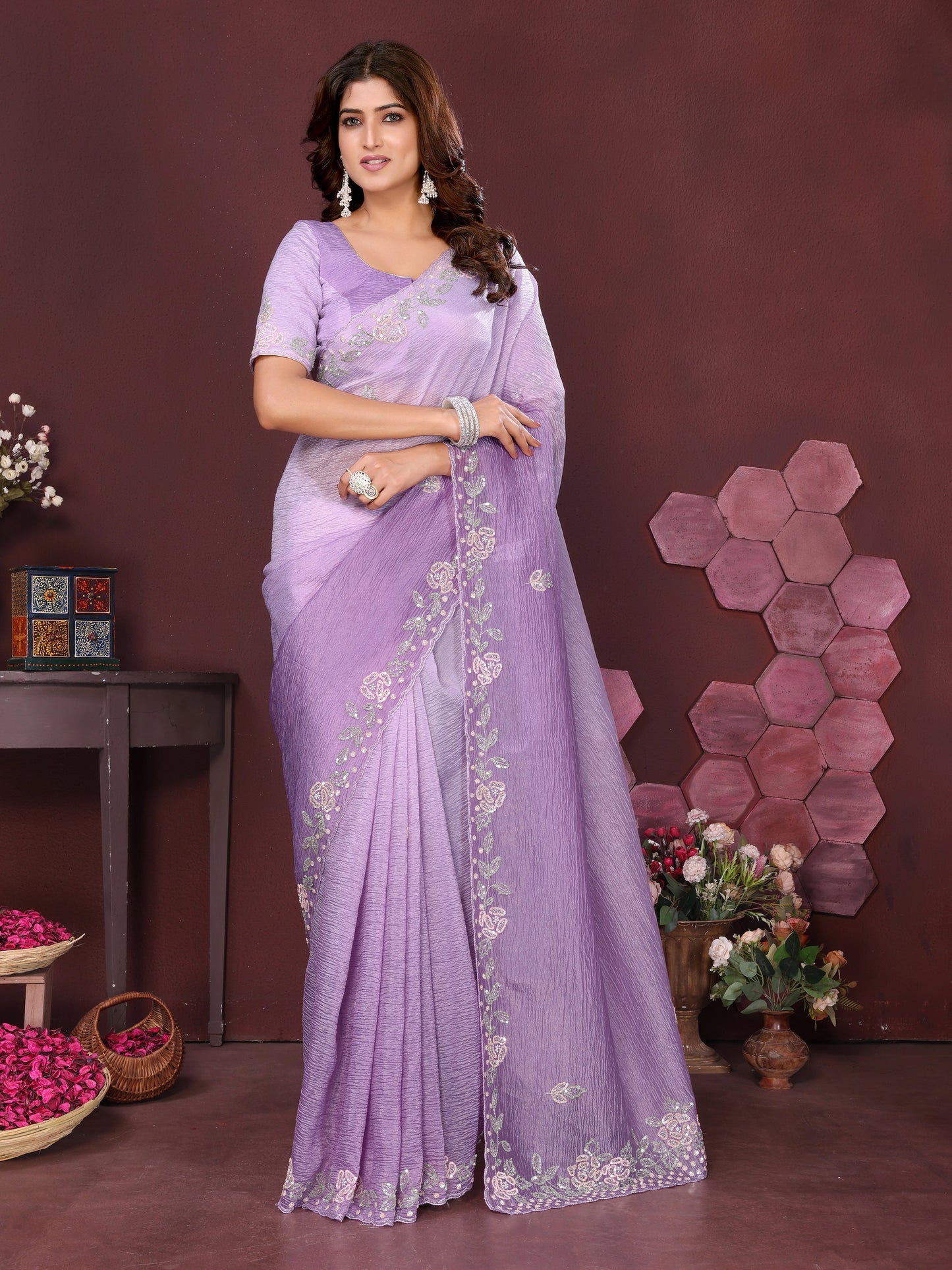 Lilac Blossom Crushed Tissue Saree With Cutdana And Sequin Border