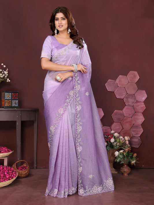 Lilac Blossom Crushed Tissue Saree With Cutdana And Sequin Border