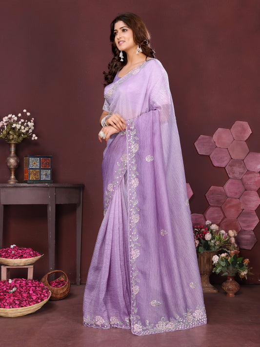 Lilac Blossom Crushed Tissue Saree With Cutdana And Sequin Border